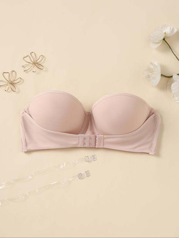 Women's Solid Color Push Up Strapless Bra with Detachable Transparent Straps, Casual Comfortable Breathable Half Cup Bra for Daily Wear, Women's Lingerie for All Seasons