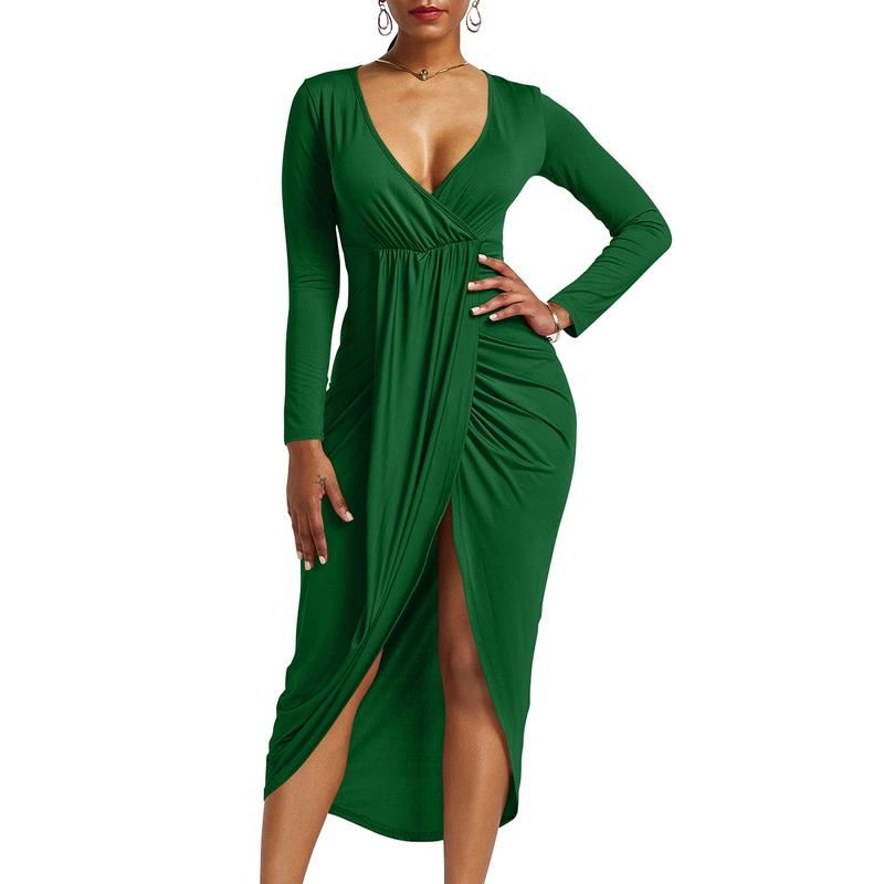 OYS Women's Sexy Long Sleeve V Neck Wrap Ruched Front Slit Midi Party Dress - Lady, Casual Wear