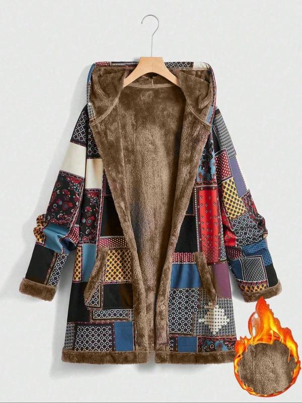 Women's Patchwork Print Long Sleeve Hooded Coat Jackets, Fall Outfits, Casual Pocket Thermal Lined Outerwear Winter Clothes Women for Fall & Winter, Women's Clothing for Daily Wear, Fall Outfits