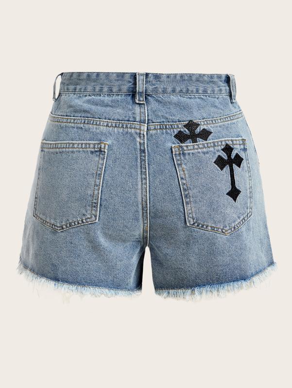 ROMWE Grunge Punk Cross Embroidery Raw Hem Denim Shorts