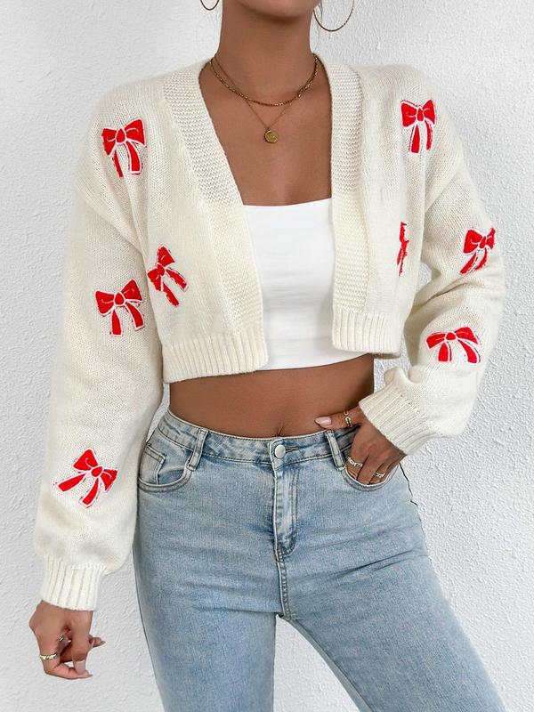 Women's Cartoon Bow Print Crew Neck Crop Sweater Cardigan, Casual Long Sleeve Open Front Knitwear for Spring & Fall, Fashion Women's Knit Clothing for Daily Wear