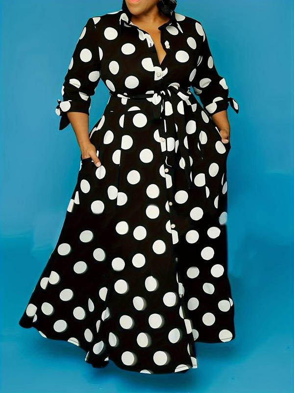 Plus Size Polka Dot Print Belted Button Front Shirt Dress, Elegant 3 4 Sleeve Tie Front High Waist Long Dress for Vacation Holiday Party, Women's Clothes for Summer, Back To School Outfit Moo Moo Dresses