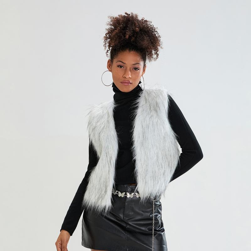 Women Faux Fur Vest, Sleeveless Open Front Solid Outwear Gilet for Casual Street