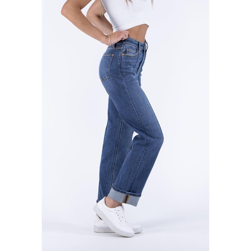 The Finley from Judy Blue: High-Rise Front Seam Detail & Cuffed Straight Leg Denim Fabric Fit