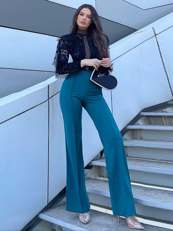 Women's Plain High Waist Flare Leg Pants, Rib Flares Pants, Fall Outfits, Casual Comfy Bell Bottom Trousers for Daily Wear, Ladies Bottoms for All Seasons