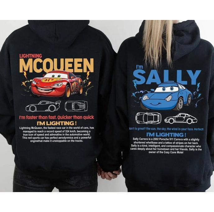 Couple's Matching 1sides Hoodie, I'm McQueen Hoodie, I'm Sally Hoodie, Cartoon Car Graphic Hoodie, Fun Couple Apparel, Cute Matching Shirts, Casual Couple Wear