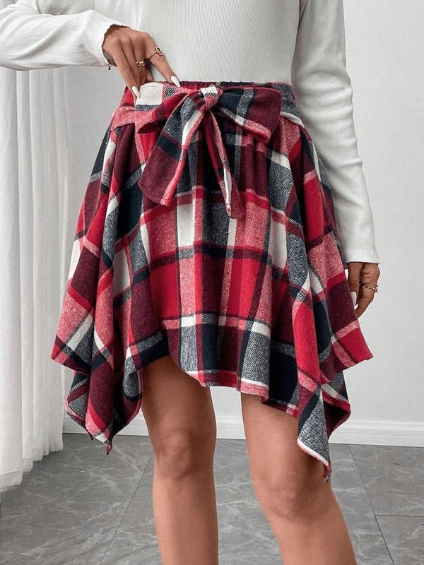 Women's Plaid Print AsymmetricalHem Skirt, Casual High Waist Short Skirtfor Fall & Winter, Women's Bottoms forDaily Wear