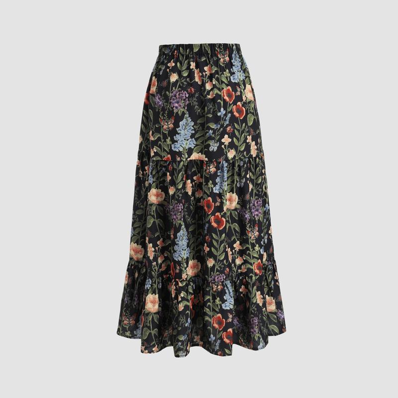 Cider [2 colors, size 2-26] Middle Waist Floral Maxi Skirt