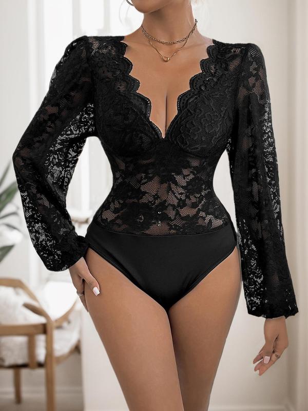 Women's Plain Sheer Lace Deep V Neck Bodysuit, Sexy Scallop Trim Bishop Sleeve Bodysuit for Daily Wear, Ladies Clothes for All Seasons