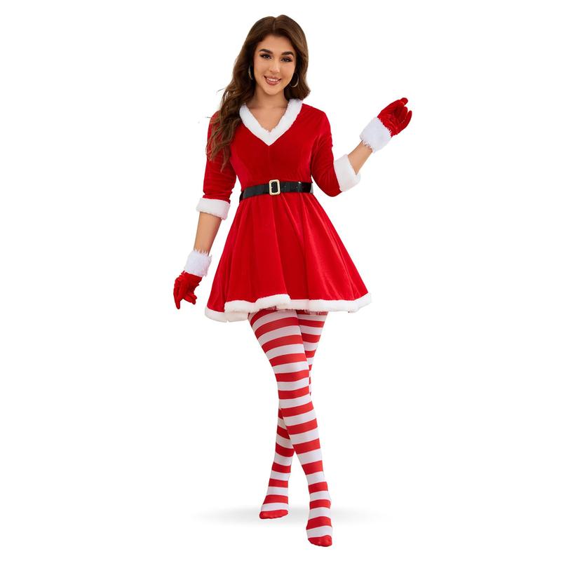 XZQTIVE Women's Christmas Dress Ms. Santa Suit Cosplay Mrs Claus Costume Outfit Hat Dress Gloves Stockings Christmas Gift Cosplay Clothing