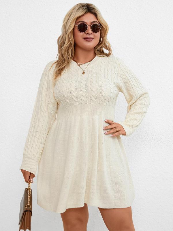  Solid Textured Round Neck Sweater Dress, Casual Long Sleeve A Line Dress for Fall & Winter, Women's Clothes for Daily Wear