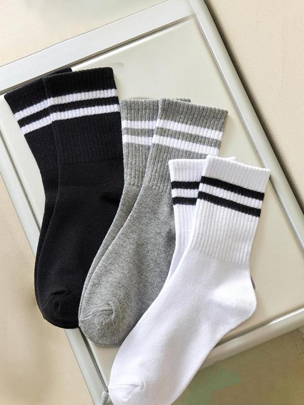 Women's 3 Pairs Striped Print Crew Socks, Casual Soft Comfort Fashion Knitting Socks for All Seasons, Lady Socks for Daily Wear, Womenswear