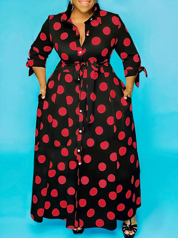 Plus Size Polka Dot Print Belted Button Front Shirt Dress, Elegant 3 4 Sleeve Tie Front High Waist Long Dress for Vacation Holiday Party, Women's Clothes for Summer, Back To School Outfit Moo Moo Dresses