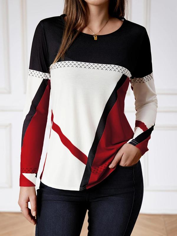 Women's Colorblock Geometric Print Long Sleeve Tee, Casual Round Neck Top for Spring & Fall, Women's Clothing for Daily Wear, T Shirts for Women