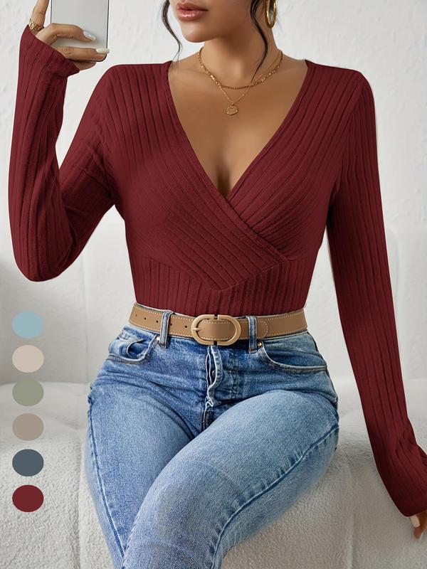 Women's Plain Wrap V Neck Ribbed Tee, Elegant Long Sleeve T-shirt for Fall & Winter, Women's Clothing for Daily Wear