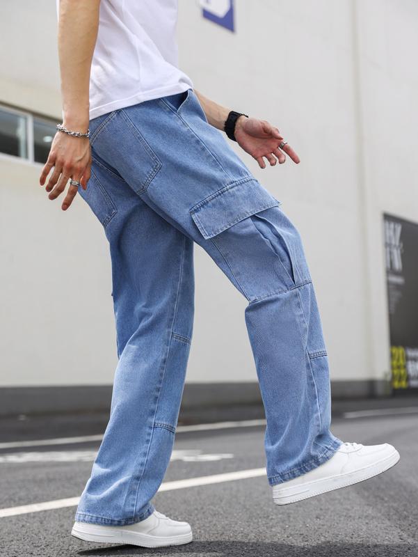 Casual Cargo Pants High Waist Straight Leg Denim Jeans with Pockets