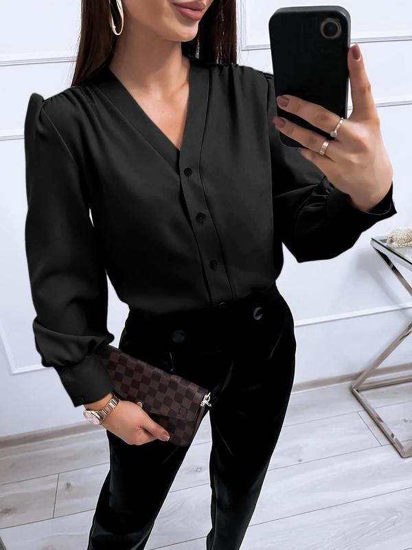 Women's Button Front Bishop Sleeve Vintage Blouse, Elegant V Neck Long Sleeve Shirts, Ladies Spring & Fall Top Clothes, Going Out Tops, Fall Clothes, Clothes for Women, Stockholm Style Black Girl