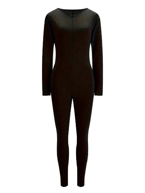 Women's Solid Zip Up Long Sleeve Jumpsuit, Casual Comfy Tight-fitting Jumpsuit for Fall & Winter, Women's Clothes for Daily Wear