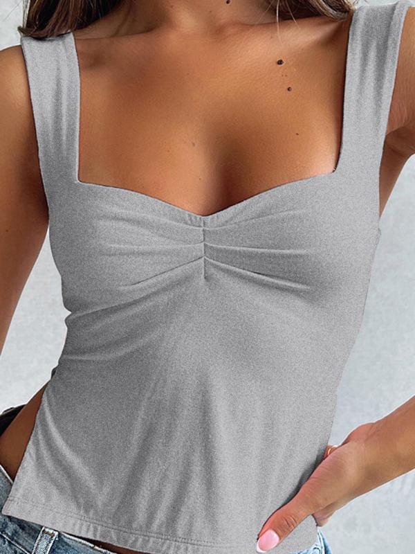 Women's Plain Ruched Split Hem Sweetheart Neck Tank Top, Casual Solid Sleeveless Top for Daily Wear, Summer Outfits 2024, Back To School Outfits, Summer Clothes, Summer Tops, Ladies Clothing for All Seasons