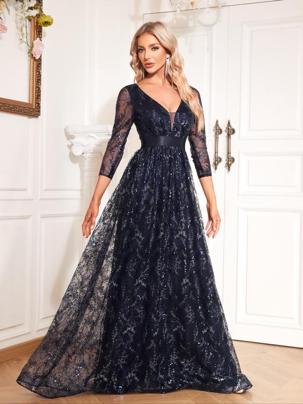 Women's Floral Sequins Contrast Mesh V Neck Evening Dress, Elegant Formal Wear, Three Quarter Length Sleeve Maxi Dress For Party Banquet, Women's Clothing For Spring & Fall