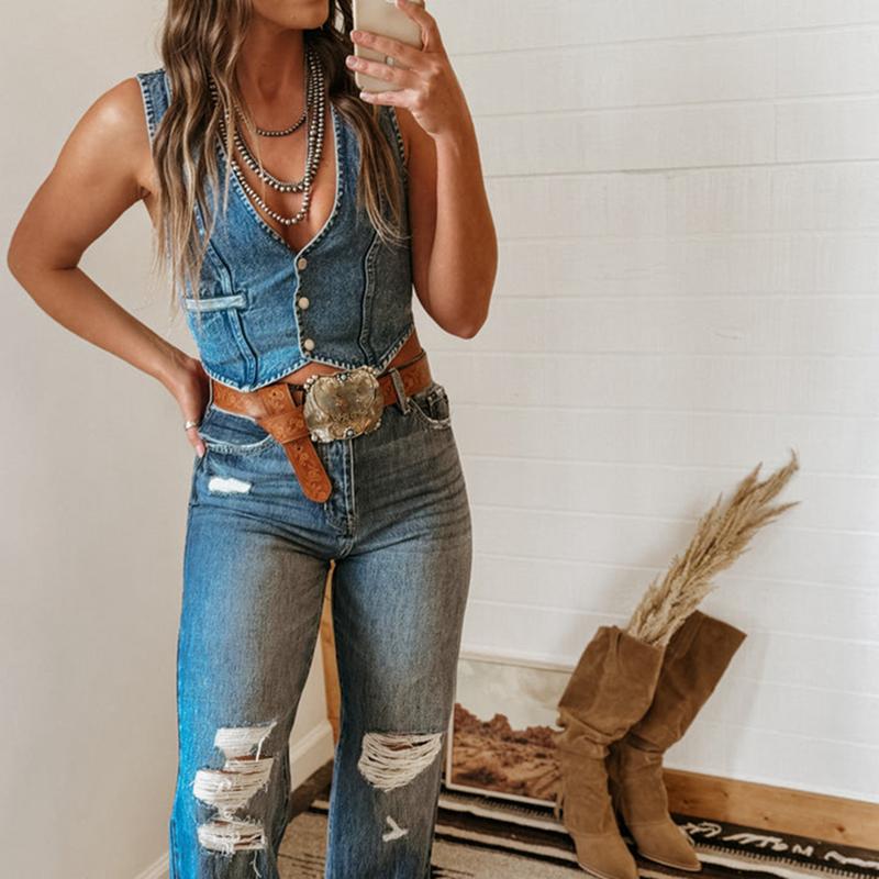 Women Vintage Denim Vest Button Down TieUp Sleeveless Slim Jean Crop Tank Top Y2k Summer Going Out Corset Streetwear