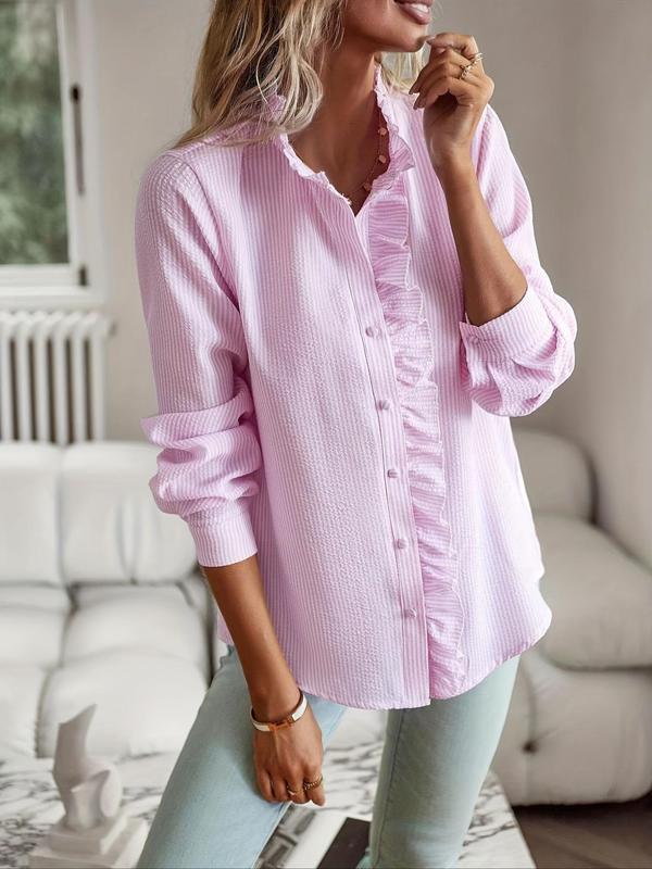 Women's Plain Ruffle Trim Button Front Blouse, Elegant Bishop Sleeve Frill Trim Top for Daily Wear, Ladies Clothes for All Seasons, Going Out Tops, Business Casual Outfits Women, Tops for Women