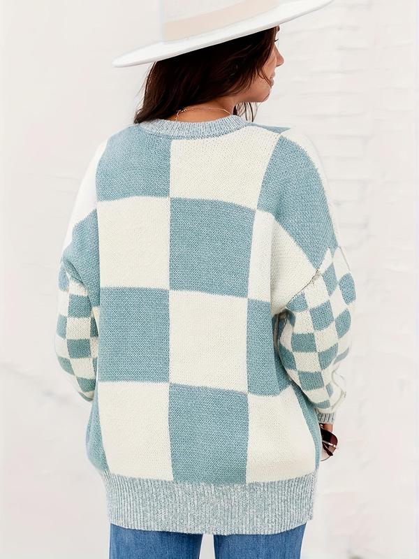 Plus Size Vintage Plaid Print Drop Shoulder Sweater, Casual Long Sleeve Round Neck Jumper for Fall, Women's Plus Size Knitwear for Daily Wear, Sweaters for Women, Plus Size Outfit, Fall Clothing Women, Fall Outfits, Fall Essentials