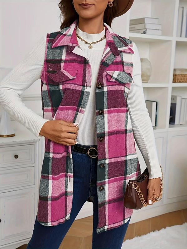 Women's Plaid Print Button Front Fake Pocket Design Vest Coat, Casual Sleeveless Collared Outerwear for Outdoor Sports, Ladies Sportswear for All Seasons