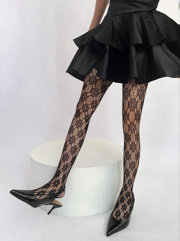 Women's Floral Lace Sheer Fishnet Tights, Y2k Style Hollow Out Pantyhose for Daily Wear, Ladies Stockings for All Seasons