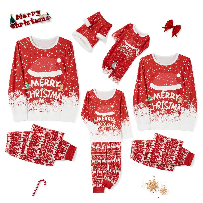 Red Christmas Family Pajamas Matching Set Letter Santa Hat Print Long Sleeve Tops and Elk Print Pants Sleepwear