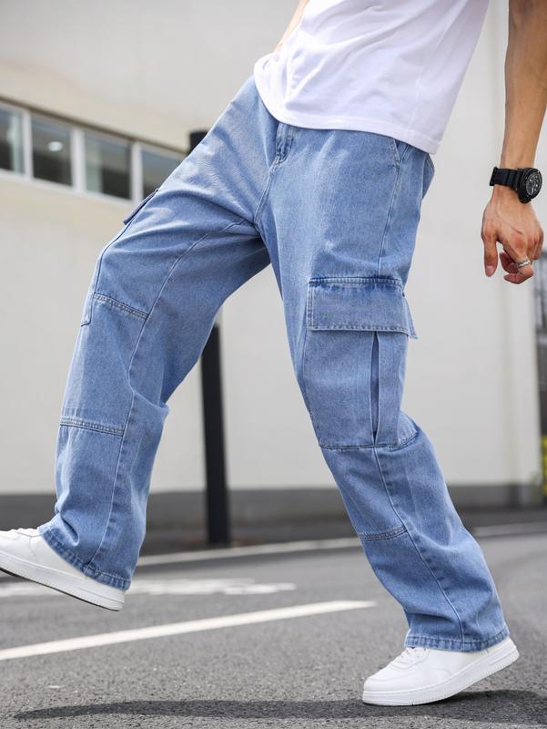 Casual Cargo Pants High Waist Straight Leg Denim Jeans with Pockets