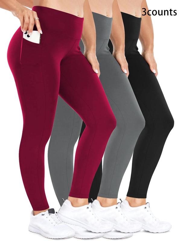  Solid High Waist Pocket Leggings, Casual Comfy Breathable Skinny Pants for Women, Women's Bottoms for Fall & Winter