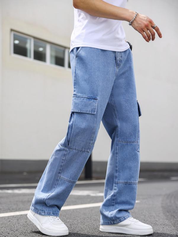 Casual Cargo Pants High Waist Straight Leg Denim Jeans with Pockets