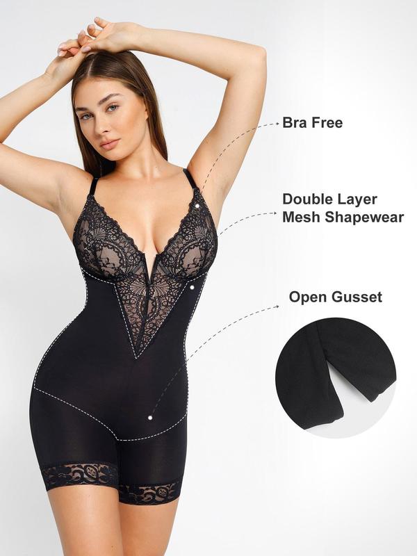 Popilush The Shapewear Bodysuit Lace Deep-V Neck Shorts Bodysuits Mesh Womenswear Tops Comfort