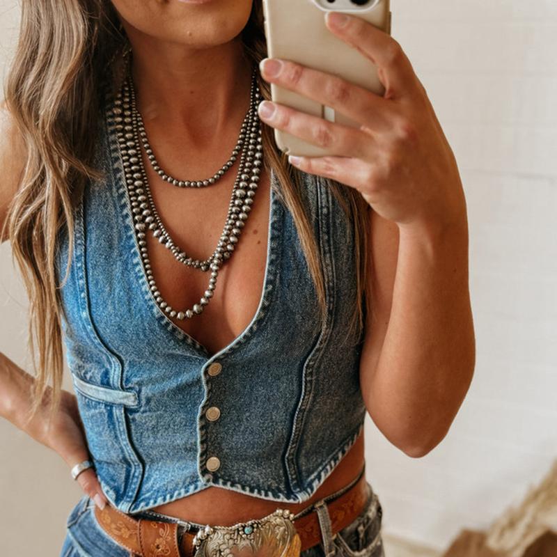 Women Vintage Denim Vest Button Down TieUp Sleeveless Slim Jean Crop Tank Top Y2k Summer Going Out Corset Streetwear