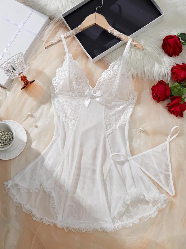 Women's Contrast Lace Bow Decor Tulle Cami Nightdress & Sheer Thong, Romantic Adjustable Spaghetti Strap Asymmetrical Hem V Neck Nightgown & Thong Set, Women's Sleepwear for All Seasons