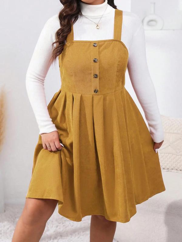 Plus Size Solid Button Front Plicated Pinafore Dress without Inner Top, Homecoming Dresses, Casual Sleeveless High Waist Dress for Spring & Fall, Women's Clothes for Daily Wear, Dresses for Women