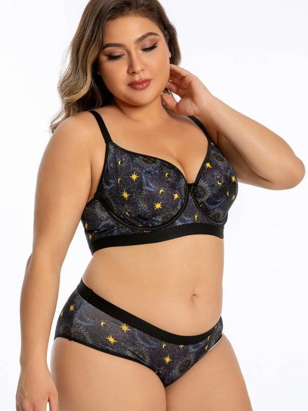 Plus Size Galaxy Print Push Up Bra & Tape Panty Two-piece Set, Casual Comfy Breathable Bra & Knicker for Daily Wear, Women's Underwear Set for All Seasons