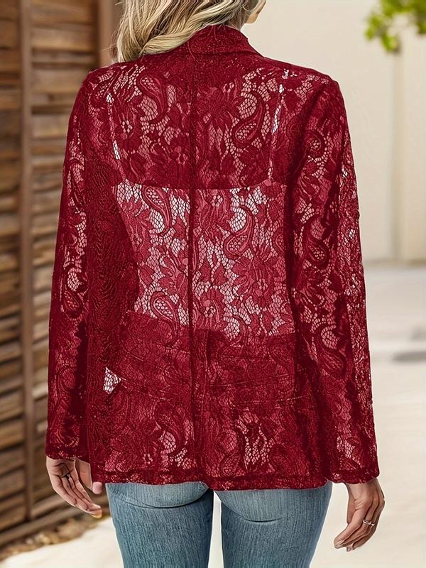 Womenswear  Floral & Paisley Pattern Hollow Out Shawl Collar Coat, Minimalist 3 4 Sleeve Open Front Outerwear for Spring & Fall, Women's Clothes for Daily Wear