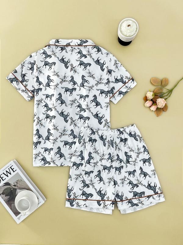 Women's All Over Horse & Floral Print Pyjama Set, Casual Lapel Button Front Short Sleeve Shirt & Elastic Waist Shorts, Summer Sleepwear Set for Women