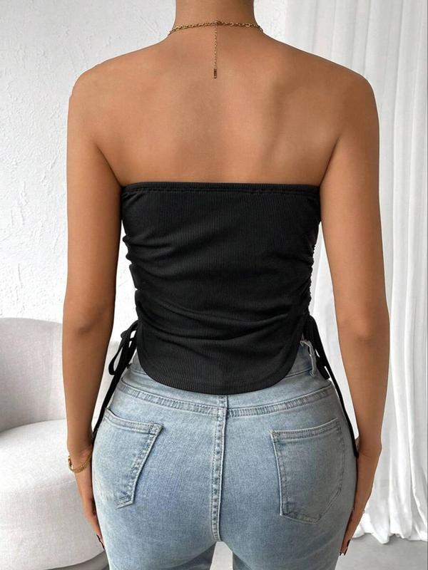 Women's Solid Ruched Drawstring Side Backless Tube Top, Casual Sleeveless Strapless Top for Summer, Ladies 90s Clothes for Daily Wear