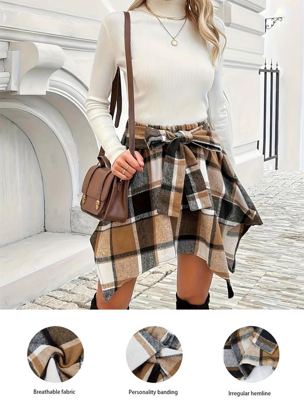 Women's Plaid Print AsymmetricalHem Skirt, Casual High Waist Short Skirtfor Fall & Winter, Women's Bottoms forDaily Wear