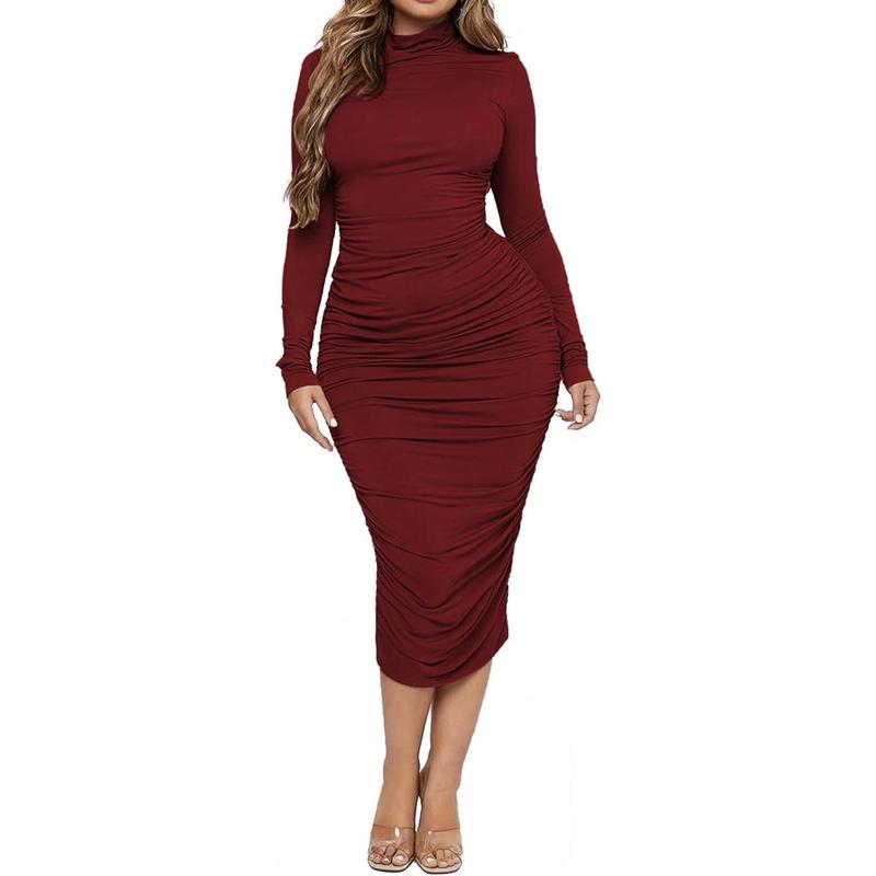 Women's Ruched Bodycon Midi Dress Mock Neck Long Sleeves Party Club Dresses