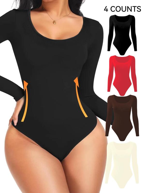 Women's Solid Long Sleeve Hook & Eye Closure Crotch  Shapewear Bodysuit, Tummy Control Butt Lifting Shaper, High Stretch Seamless Shaper for Daily Wear