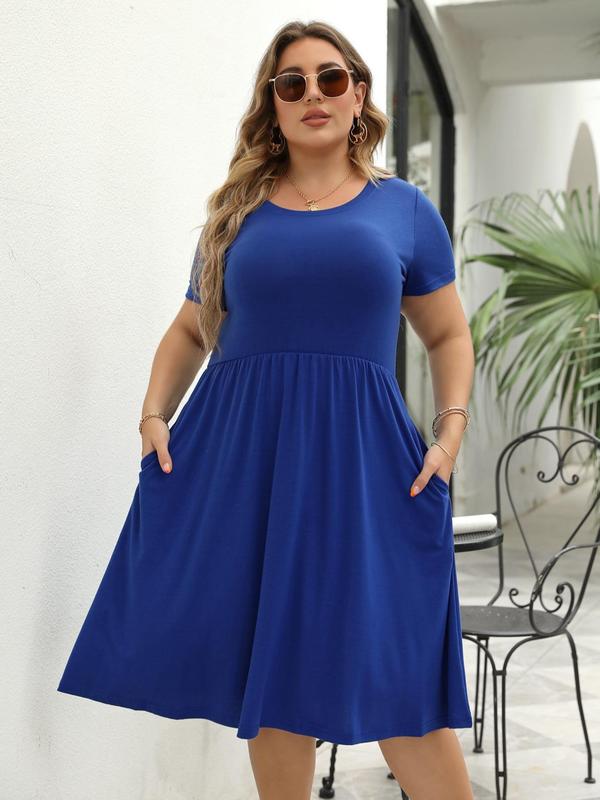  Plus Plain Pocket Round Neck Tee Dress, Summer Clothes Women, Women's Casual Short Sleeve A Line Dress for Summer, Dresses for Women, Lady Clothing for Daily Wear