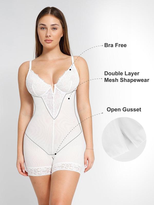 Popilush The Shapewear Bodysuit Lace Deep-V Neck Shorts Bodysuits Mesh Womenswear Tops Comfort