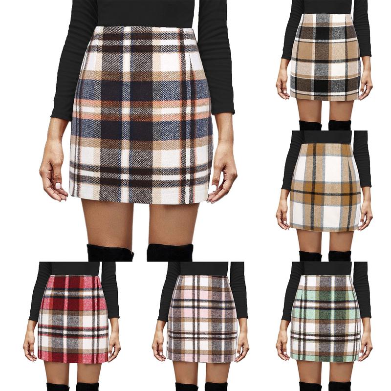 Women's Bodycon Mini Skirt, Classic Plaid Print High Waist Zip Up Wool Pencil Skirt