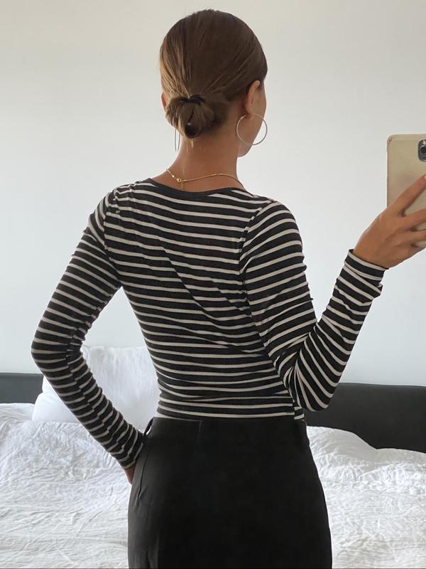 Women's Striped Print Button Front Scoop Neck Crop Tee, Casual Long Sleeve T-shirt for Spring & Fall, Women's Top for Daily Wear