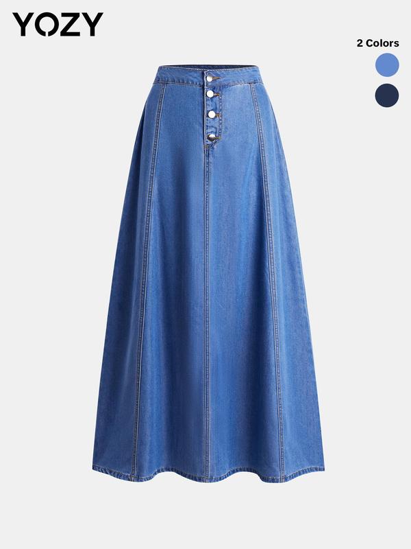 YOZY Christmas Deals, Button Front A Line Denim Skirt, Women's Casual Fashion, High Waist Long Skirt Versatile Bottoms, 2024 Women's Daily Wear for All Seasons, Christmas 2024 Trend, Fall & Winter Clothes