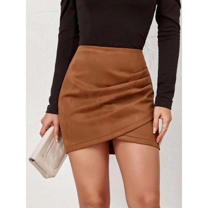 Women's Solid Ruched Wrap Bodycon Skirt, Fashion Girls Skirt, Casual High Waist Skirt for Daily Outdoor Wear, Women's Bottoms for Spring & Fall